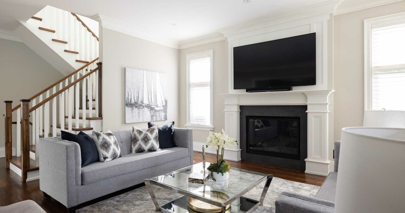 Professionally staged living room in luxury Oakville house